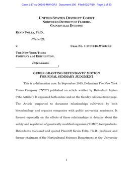 Folta V Nytimes Summary Judgment