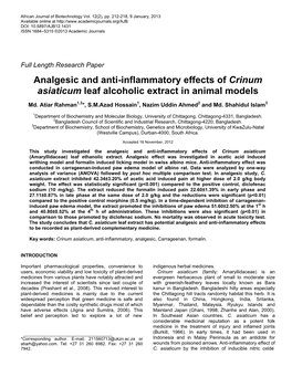 Analgesic and Anti-Inflammatory Effects of Crinum Asiaticum Leaf Alcoholic Extract in Animal Models