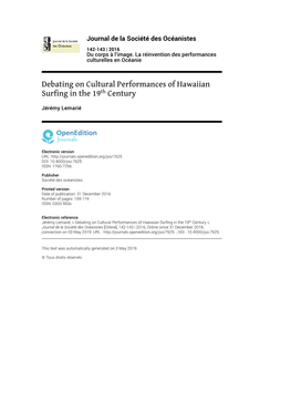 Journal De La Société Des Océanistes, 142-143 | 2016 Debating on Cultural Performances of Hawaiian Surfing in the 19Th Century 2