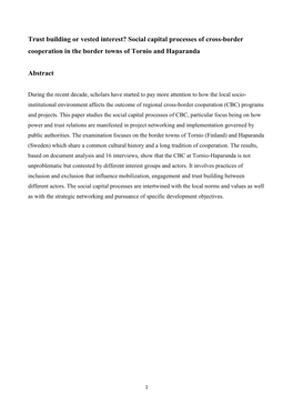 Social Capital Processes of Cross-Border Cooperation in the Border Towns of Tornio and Haparanda