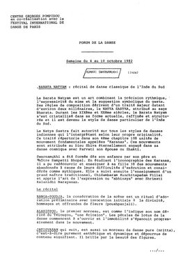 CENTRE GEORGES POMPIDOU En Co-Réalisation Avec Le FESTIVAL INTERNATIONAL DE DANSE DE PARIS FORUM DE LA DANSE Semaine Du '4 Au 1