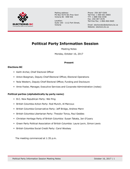 Political Party Information Session Meeting Notes October 16, 2017 | 1 1