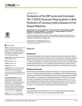 Evaluation of Hs-CRP Levels and Interleukin 18 (-137G/C) Promoter Polymorphism in Risk Prediction of Coronary Artery Disease in First Degree Relatives