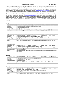 Swale Borough Council 28Th July 2008 List of Current Applications Received by Swale Borough Council for Determination Which