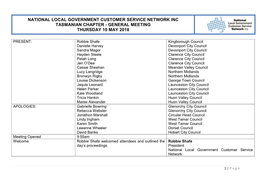 National Local Government Customer Service Network Inc Tasmanian Chapter - General Meeting Thursday 10 May 2018