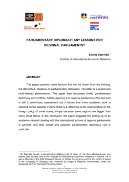 Parliamentary Diplomacy: Any Lessons for Regional Parliaments?