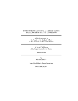 Participatory Reporting As Method Acting the Journalism-Theatre Connection