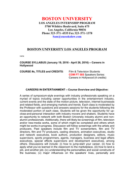 BOSTON UNIVERSITY Careers in Hollywood Spring 2016 Syllabus