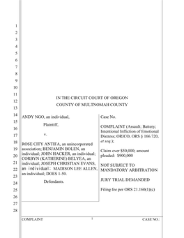 COMPLAINT (Assault; Battery; Intentional Infliction of Emotional 17 V