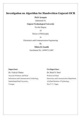 Investigation on Algorithm for Handwritten Gujarati OCR Ph.D