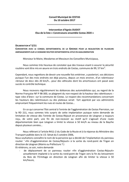 Conseil Municipal De CESTAS Du 10 Octobre 2017 Intervention D'agnès OUDOT Elus De La Liste « Co