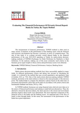 Evaluating the Financial Performances of Privately Owned Deposit Banks in Turkey by Topsis Method