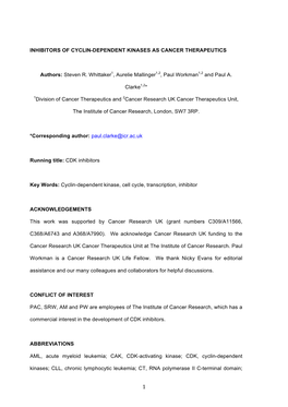 INHIBITORS of CYCLIN-DEPENDENT KINASES AS CANCER THERAPEUTICS Authors