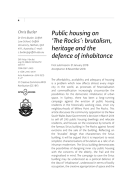 Public Housing on 'The Rocks': Brutalism, Heritage and the Defence