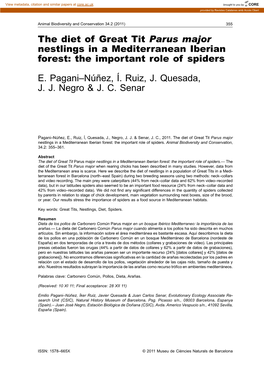 The Diet of Great Tit Parus Major Nestlings in a Mediterranean Iberian Forest: the Important Role of Spiders