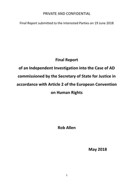 Final Report of an Independent Investigation Into the Case of AD Commissioned by the Secretary of State for Justice in Accorda