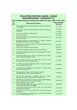 ASSAM BAMUNIMAIDAM : GUWAHATI-21 List of Public Hearings Conducted by PCBA from Dec, 2006 to Oct, 2011 Sl