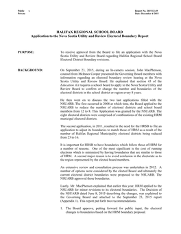 HALIFAX REGIONAL SCHOOL BOARD Application to the Nova Scotia Utility and Review Electoral Boundary Report