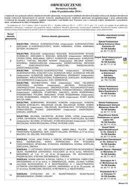 OBWIESZCZENIE Burmistrza Sokółki Z Dnia 10 Października 2014 R