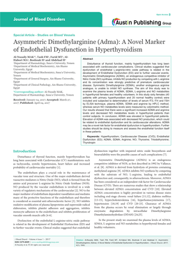 Asymmetric Dimethylarginine (Adma): a Novel Marker of Endothelial Dysfunction in Hyperthyroidism