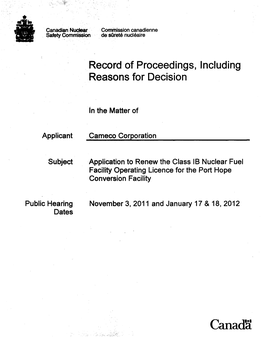 Record of Proceedings, Including Reasons for Decision