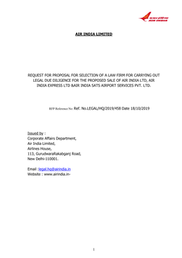 1 Air India Limited Request for Proposal for Selection of a Law Firm for Carrying out Legal Due Diligence for the Proposed Sale