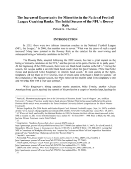 The Increased Opportunity for Minorities in the Ational Football League Coaching Ranks: the Initial Success of the FL's Rooney