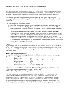 Lecture 7 – Life in the Ocean – Primary Productivity and Respiration