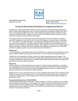Tri-Caucus Pacs Endorse Kai Kahele for Congressional District 2