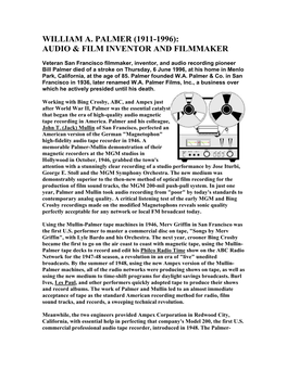 William A. Palmer (1911-1996): Audio & Film Inventor and Filmmaker