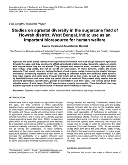 Studies on Agrestal Diversity in the Sugarcane Field of Howrah District, West Bengal, India: Use As an Important Bioresource for Human Welfare