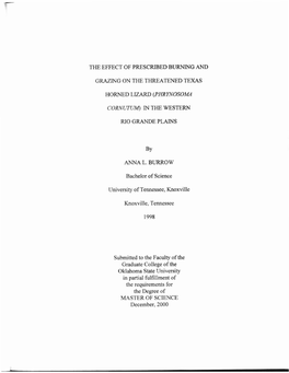 The Effect of Prescribed Burning and Grazing on Th Threatened Texas Horned Lizard (Phrynosoma Cornutum) in the Western Rio Grande Plains