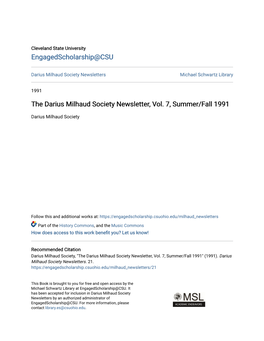 The Darius Milhaud Society Newsletter, Vol. 7, Summer/Fall 1991