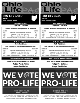 PRO-LIFE BALLOT PRO-LIFE BALLOT AREA 1 AREA 1 Butler, Hamilton, Warren Butler, Hamilton, Warren