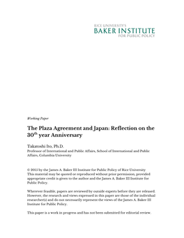 The Plaza Agreement and Japan: Reflection on the 30Th Year