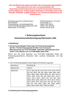 I. Änderungsbeschluss Unternehmensflurbereinigung Obersimten L484