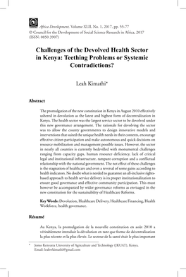 Challenges of the Devolved Health Sector in Kenya: Teething Problems Or Systemic Contradictions?