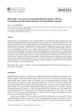 Zootaxa,Malo Kingi: a New Species of Irukandji Jellyfish