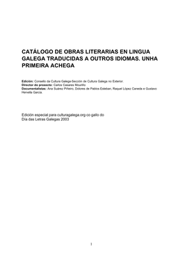 Catálogo De Obras Literarias En Lingua Galega Traducidas a Outros Idiomas