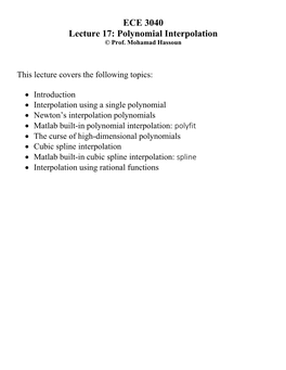 ECE 3040 Lecture 17: Polynomial Interpolation © Prof