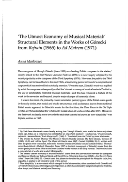 'The Utmost Economy of Musical Material:' Structural Elements in the Works of G6recki from Refvain (1965) to Ad Matrem (1971)