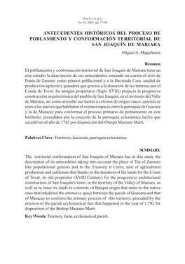 ANTECEDENTES HISTÓRICOS DEL PROCESO DE POBLAMIENTO Y CONFORMACIÓN TERRITORIAL DE SAN JOAQUÍN DE MARIARA Miguel A