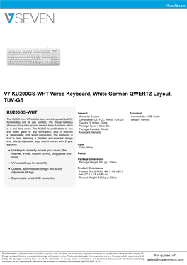 V7 KU200GS-WHT Wired Keyboard, White German QWERTZ Layout, TUV-GS