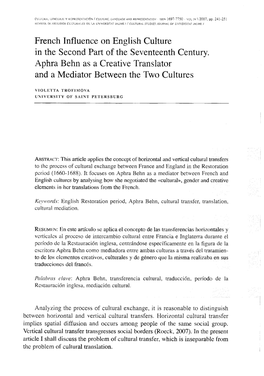 French Influence on English Culture in the Second Part of the Seventeenth Century. Aphra Behn As a Creative Translator and a Mediator Between the Two Cultures