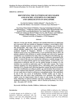 Identifying the Patterns of Self-Harm and Suicide Attempts in Children and Adolescents in Singapore ASEAN Journal of Psychiatry, Vol