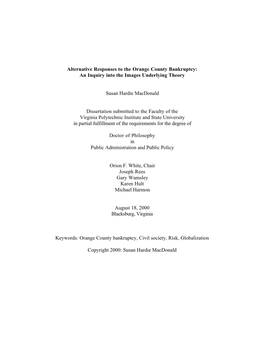 Alternative Responses to the Orange County Bankruptcy: an Inquiry Into the Images Underlying Theory Susan Hardie Macdonald Disse