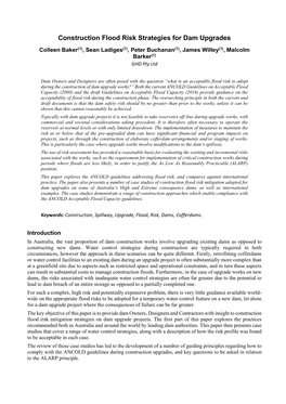 Construction Flood Risk Strategies for Dam Upgrades Colleen Baker(1), Sean Ladiges(1), Peter Buchanan(1), James Willey(1), Malcolm Barker(1) GHD Pty Ltd