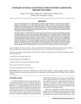 Summary of Field Activities in the Western Liard Basin, British Columbia