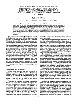 Redefinition of Munna and Uromunna (Crustacea: Isopoda: Munnidae), with Descriptions of Five Species from Coastal Victoria