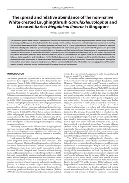 The Spread and Relative Abundance of the Non-Native White-Crested Laughingthrush Garrulax Leucolophus and Lineated Barbet Megalaima Lineata in Singapore